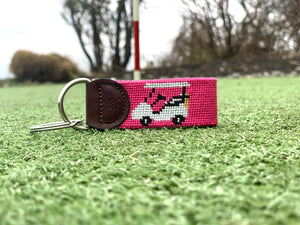 Pink Golf Cart Needlepoint Key Fob
