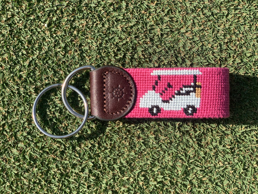 Pink Golf Cart Needlepoint Key Fob