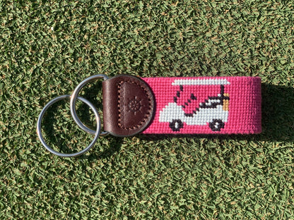 Pink Golf Cart Needlepoint Key Fob