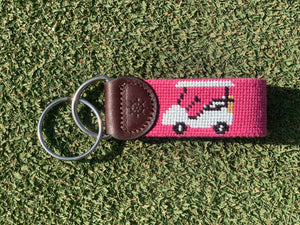 Pink Golf Cart Needlepoint Key Fob