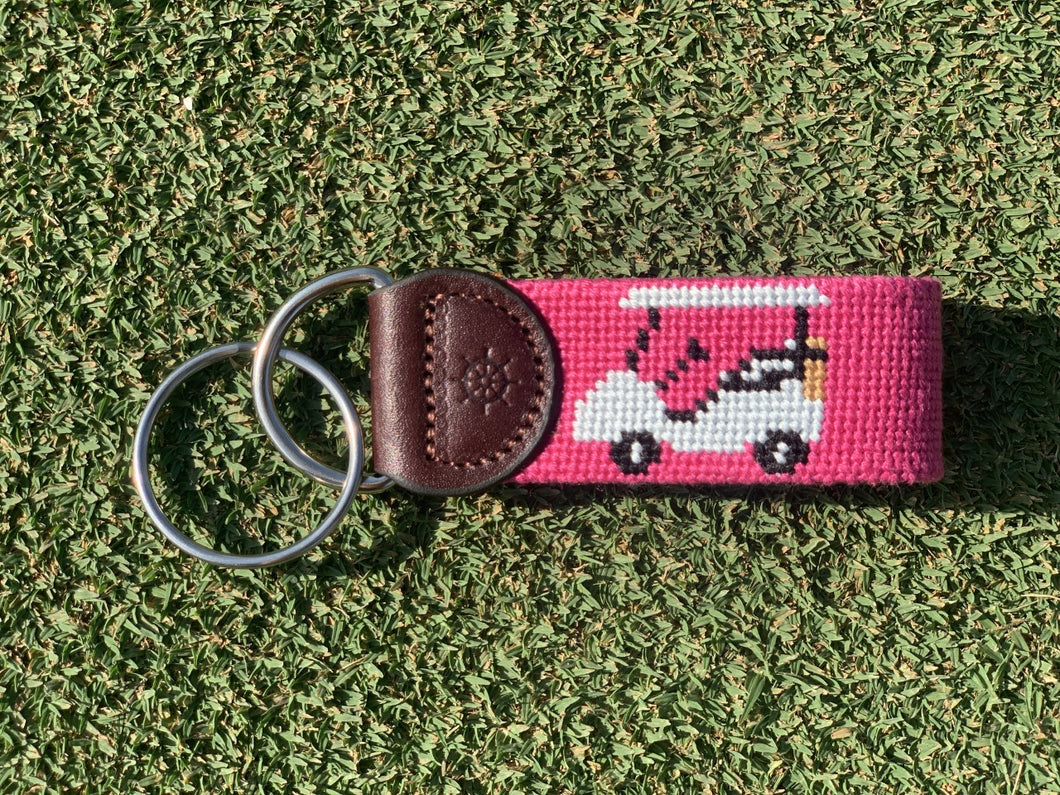 Pink Golf Cart Needlepoint Key Fob