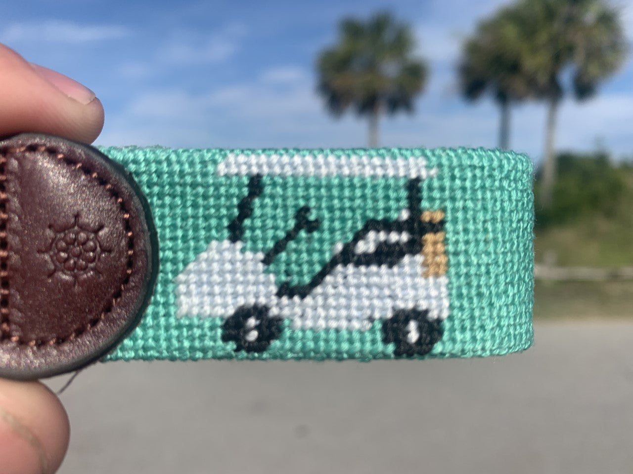 Teal Golf Cart Needlepoint Key Fob