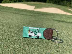 Teal Golf Cart Needlepoint Key Fob